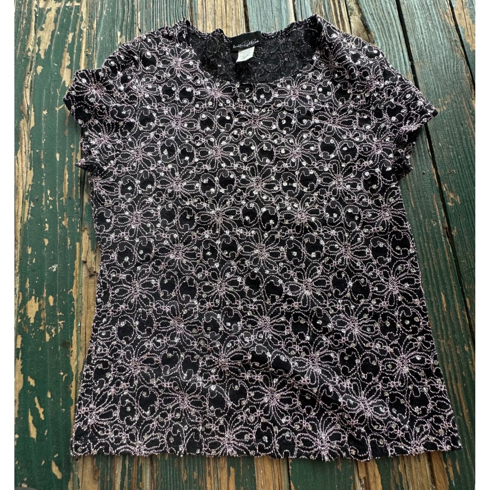 Brittany Blake Womens Black Pink Metallic Sequin Floral Lace Short Sleeve Top L